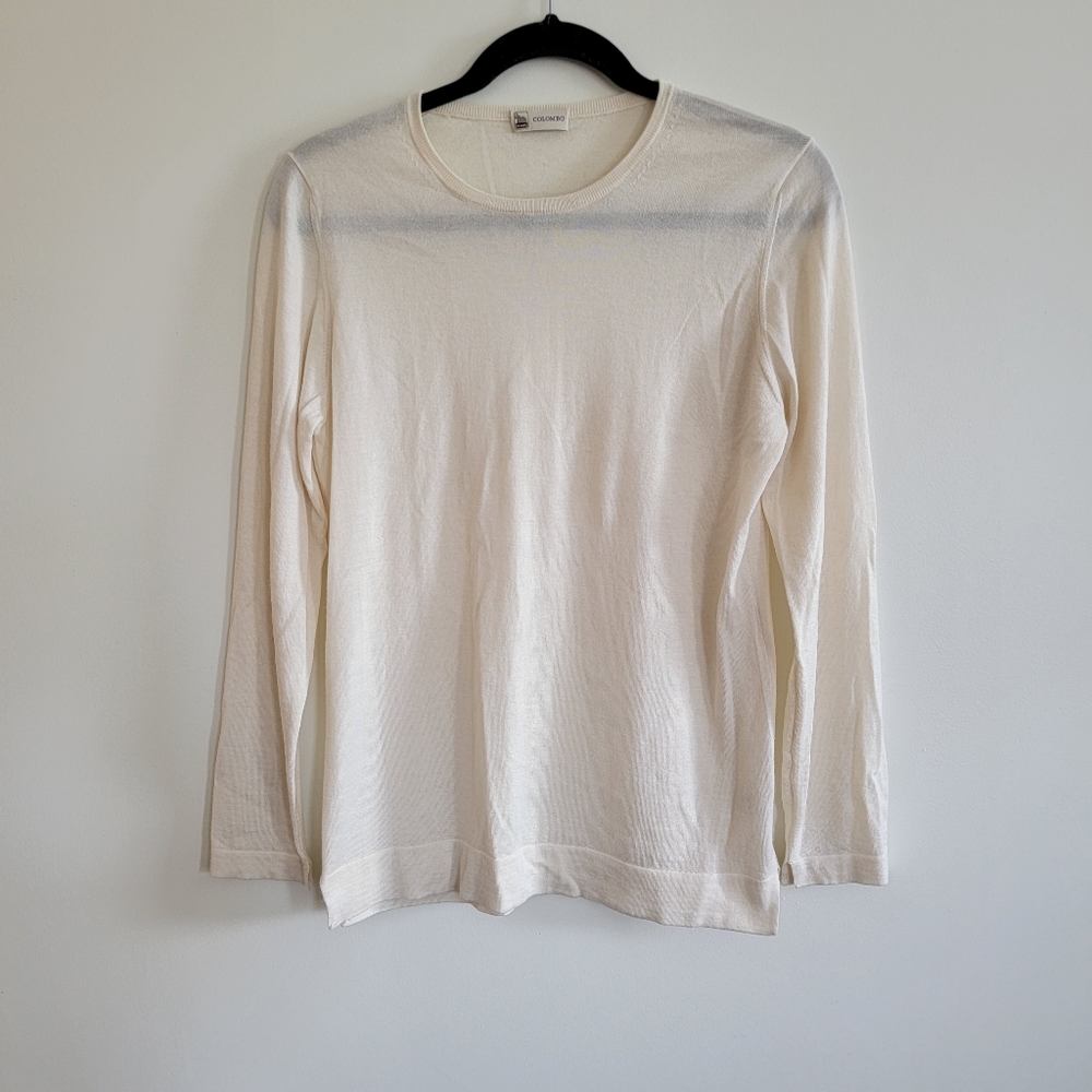 Lanificio Colombo Italian Cashmere-Silk Pullover Sweater in Off-white, Size 10